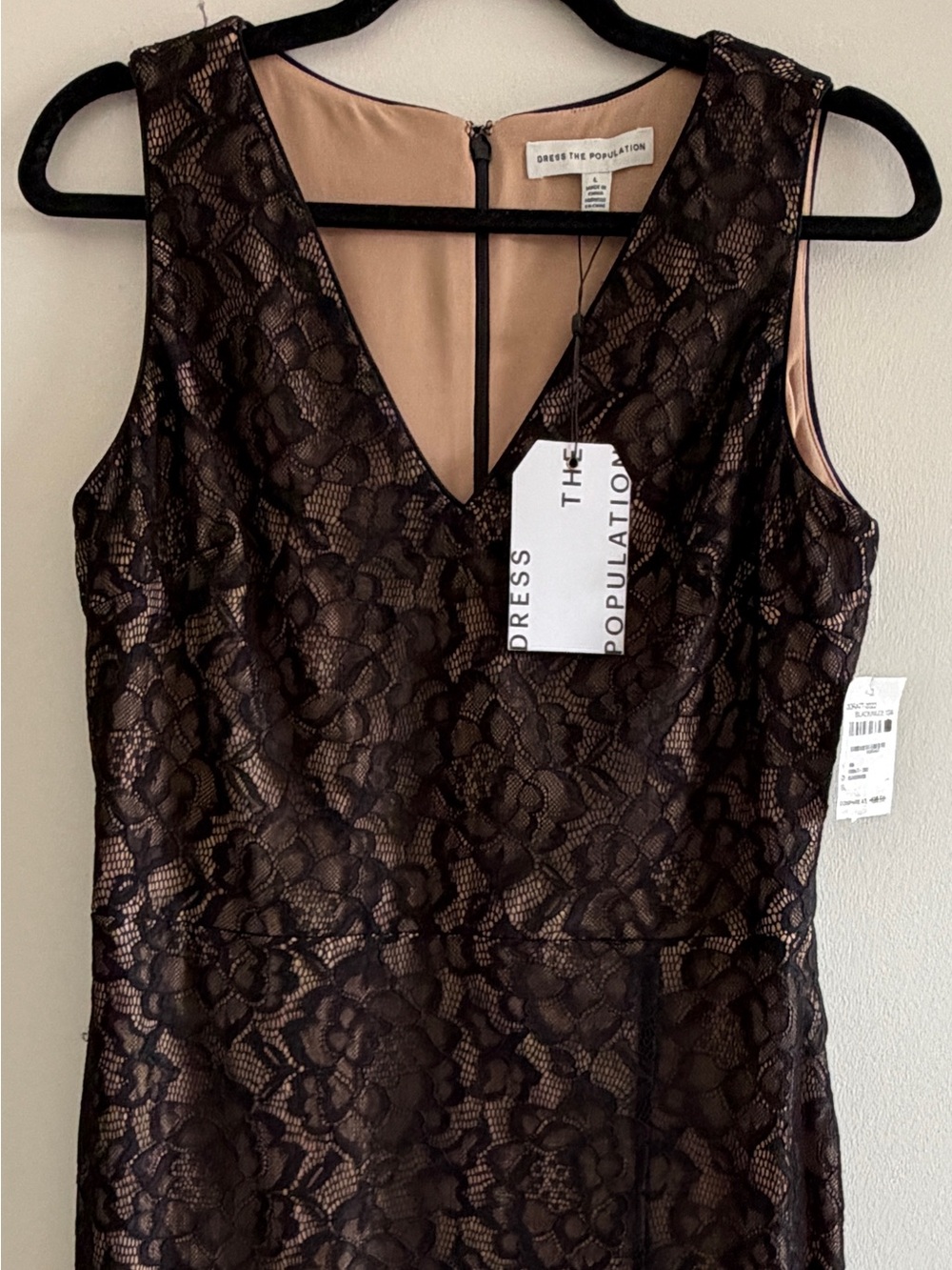Dress the Population Black Lace Strapless Cocktail Dress with Nude Lining